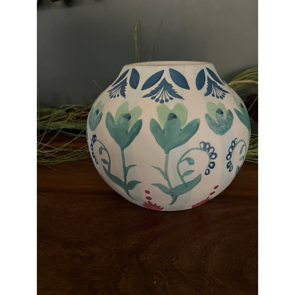 Anthropologie Handpainted White Pottery Vase floral Geometric Print